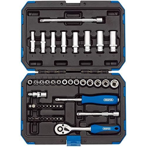 Image of Draper 1/4" 47 Piece Square Drive Metric Socket Set | Micrometre Reversible Hand Tool |Soft Grip Ratchet | 21 Metrics Sockets Mechanics Car Tools | Professional Plastic Storage Case | 16355