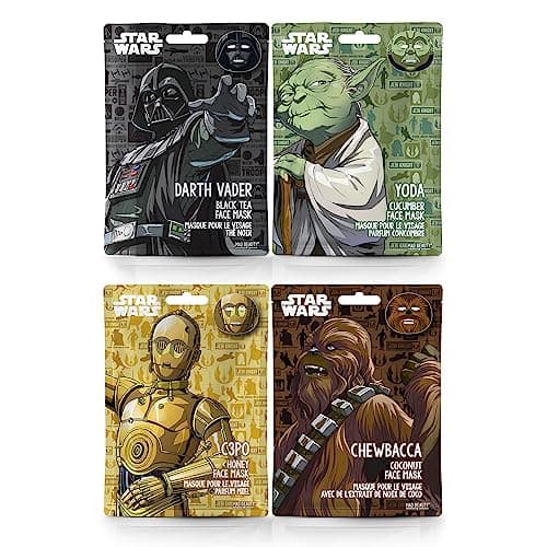 Image of Star Wars Cosmetic Sheet Face Masks Set x4 | MAD Beauty | Yoda, Darth Vader, Chewbacca, C3PO | Cucumber, Black Tea, Coconut, Honey - Fun Hydrating Gift for Fans, Men and Women