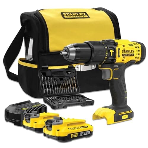 Image of STANLEY FATMAX SFMCD711DSA-QW 18V Hammer Drill V20 Range 2 Speeds LED Light Includes Drill Bit Set and 50 Pieces, 2 x 2.0Ah Rechargeable Batteries, Charger and Tool Bag