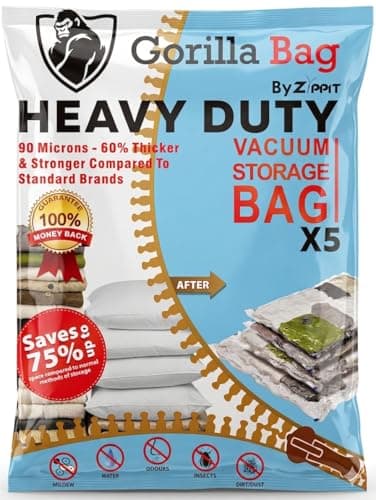 Image of HEAVY DUTY 5 VACUUM STORAGE BAGS by Gorilla Bags, Extra Large 100x80cm. Extra Strong 90 Microns. Double Zip Seal & Unique Turbo Valve Keeps Items Compressed For Longer.