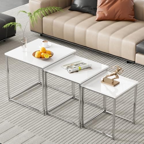 Image of Rainbow Tree Set of 3 Nesting Coffee Tables White for Living Room, High Gloss Nest of 3 Nested Tables Sofa Side Table Coffee Table End Tables Space Saving