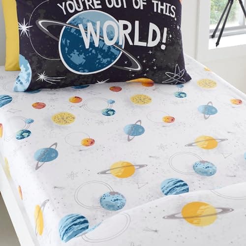 Image of Bedlam Outer Space Fitted Sheet – Single Bed Size (190 x 90 x 25cm) – Galaxies & Planets Print – Boys Space Bedroom Accessory – White Polycotton Sheet – Universe Theme – Santasaurus Collection