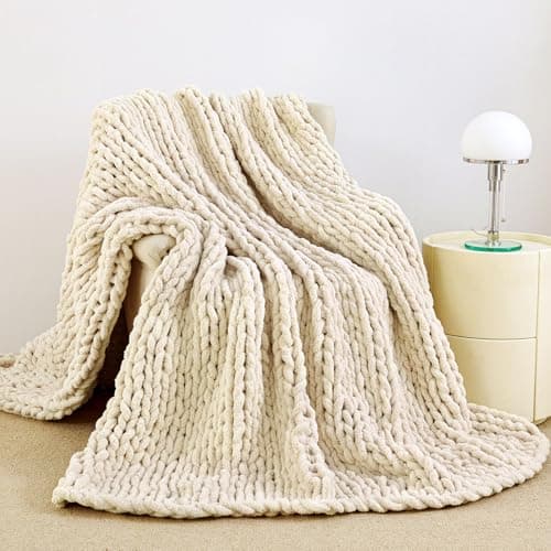Image of Admitrack Chunky Knit Blanket Throw 51"x63", 100% Hand Knit Chenille Throw Blanket for Sofa & Home Decor, Soft and Cozy Knitted Throw Blankets (Ivory,51"x63")