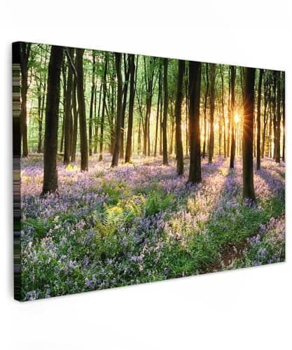Image of MuchoWow© Canvas Wall Art 47"x31" / 120x80 cm Decor Paintings Prints framed on Canvas Decorations Wallart Forest - Nature - Flowers - Sun - Tree - Purple