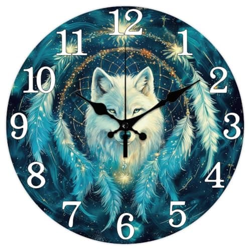 Image of CHGCRAFT Dream Catcher Wall Clock 12 Inch Wolf Clock Battery Operated Silent Non Ticking Magic Round Decorative Clock for Home Office Decoration