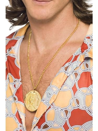 Image of Smiffys Gold Metal Medallion on Chain, 1960s Groovy Fancy Dress Accessory, Adult Dress Up Jewellery, Disco Party Costume Accessory, Funky Retro Hippie Style Necklace for Men and Women
