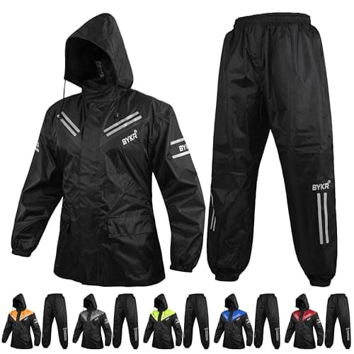 Image of BYKR Waterproof Outdoors Motorcycle Rain Suits for Men & Women Cycling 2-Piece Breathable & Windproof Wet Weather Protection Motocross Rain Gear Reflective Rainwear All Sports Riding Rainsuit Black XL