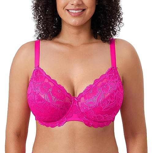 Image of Delimira Women's Full Coverage Non-Foam Floral Lace Plus Size Underwired Bra Glitter Pink 34F