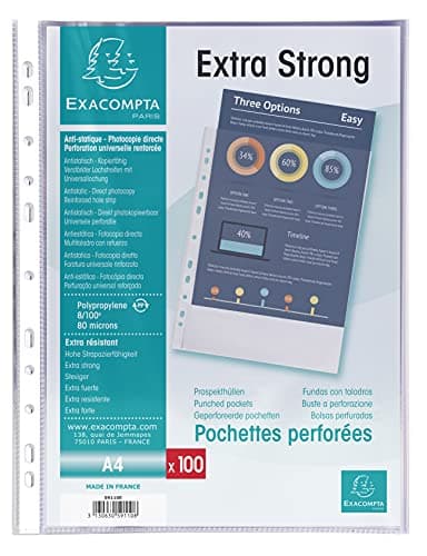 Image of Exacompta - Ref 59110E - Premium Grained PP Punched Pockets - Suitable for A4 Documents, 80 Micron Polypropylene, Reinforced Left Strip, Top Opening - Pack of 100