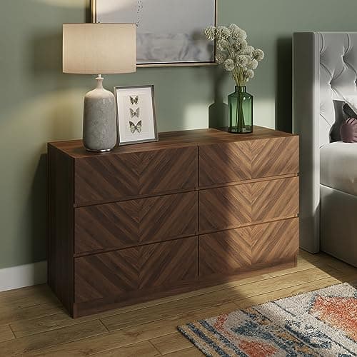 Image of GFW Catania 3+3 Drawer Chest Of Drawers Cabinet, Modern Herringbone Design Wood Effect Finish Bedroom Furniture Storage Chest, Royal Walnut, D39.8 x H68 x W118.9cm