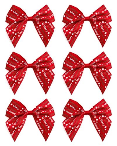 Image of Italian Options Merry Christmas Ribbon Bows, Self-Adhesive Satin Christmas Gift Bow Decorations for Gift Wrapping, Crafts, Wreaths, Crafting Accessories Supplies, Red Satin, 6 Pack, 10 cm
