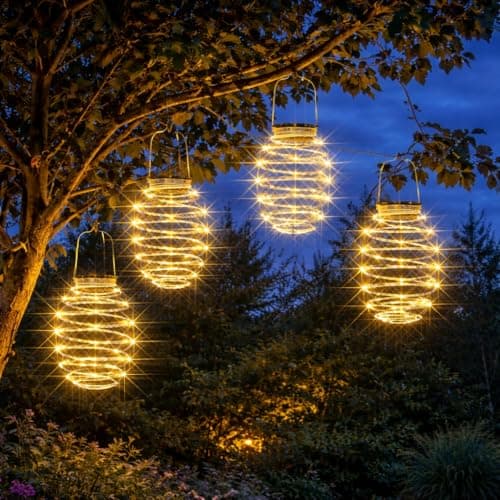 Image of Festive Lights - Pack of 4 Spiralites Spiral Solar Hanging Lanterns - 19cm Height, Warm White LED, Outdoor Garden Decorative Ornament Light, IP44 Rated, Silver Finish, Copper Wire, Built in Panels