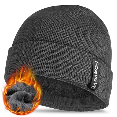 Image of FORVEVO Mens Beanie Hat, Thermal Winter Beanie with Soft Fleece Lined, Stretchy Cuffed Hatfor Running Walking,Grey
