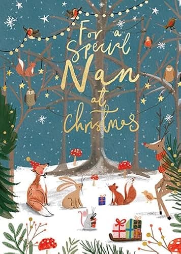 Image of Paperlink Artistic Female Relation Christmas Greeting Card - Special Nan - Woodland Animals Party Illustration - From The Pick 'n' Mix Range - With A Gold Foil Finish