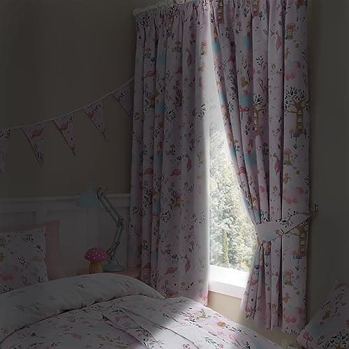 Image of Happy Linen Company Girls Boys Kids Enchanted Forest Unicorn Pink 66 x 54 Ring Track Pole Fully Lined Thermal Blackout Pencil Pleat Curtain Set