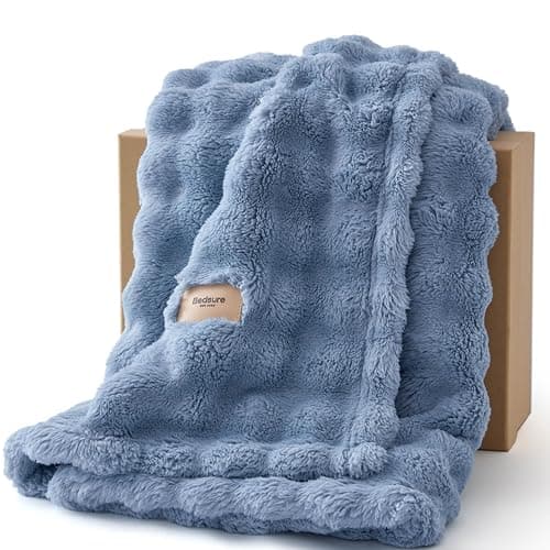 Image of Bedsure Cosy Bubble Fleece Blanket - Soft Plush Throw Blanket for Adults, Lightweight & Warm, Ashley Blue, 130x170 cm for Sofa Throw, Bed, Gift Idea