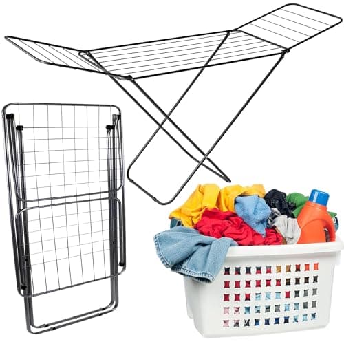 Image of STORM TRADING GROUP Black Clothes Airer Metal Foldable Clothes Drying Rack Multiple Dryer Rails With Winged Stand Laundry Rack For Indoor & Outdoor Use