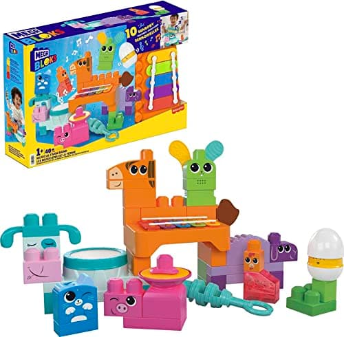 Image of MEGA BLOKS Fisher-Price Sensory Building Toys Playset, Musical Farm Band with 40 Toddler Blocks and 6 Music Sheets, Kids Age 1+ Years, HPB46