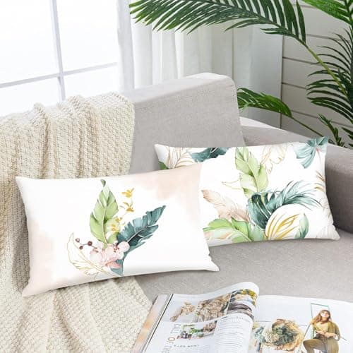 Image of Bonhause Tropical Leaves Cushion Covers 30 x 50 cm Green and Pink Leaf Decorative Throw Pillow Covers for Sofa Couch Bed Home Garden Patio Decor Set of 2