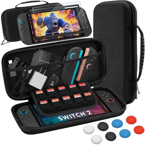 Image of Switch 2 Case and Screen Protector for Nintendo Switch 2,Hard Shell Carry Slim Case with 10 Game Card Slots, Tempered Glass, 8 Thumb Grips, Travel Carrying Shell Accessories Kit for Switch 2 Console
