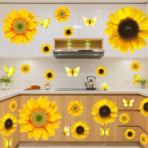 Image of 54 Pcs 3D Sunflowers and Butterfly Wall Stickers Decor - Large Sunflower Wall Decals Peel and Stick Yellow Flowers Stickers for Home Kitchen Bedroom Bathroom Living Room Decorations