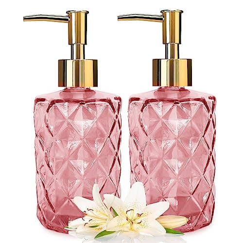Image of Soap Dispenser - 2 Pack, Clear Diamond Glass Refillable Hand Soap Dispensers, Hand and Dish Soap Dispenser, Soap Bottles with Gold Pump, Lotion Dispensers for Kitchen, Bathroom 330ml/12oz (Clear Pink)