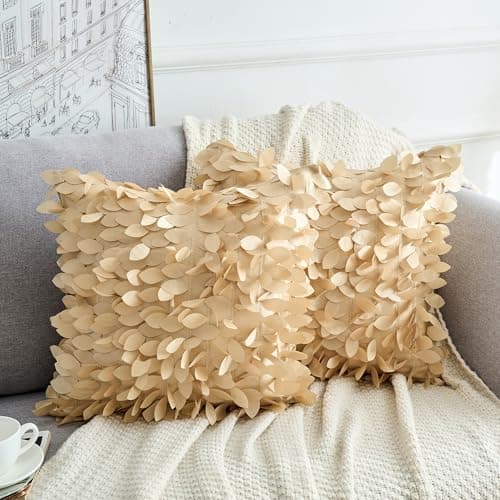 Image of Uxcell 2 Pack 3D Sequin Leaf Cushion Covers 45x45 cm, Sparkle Glitter Decorative Throw Pillow Cases for Sofa Bedroom Living Room Gold