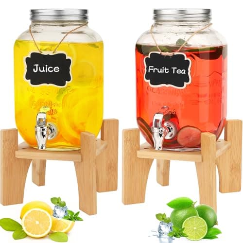 Image of Hisredsun 2 x 4L Glass Drink Dispenser with Stand,Beverage Dispenser, Glass Water Juice Dispensers with Tap, Water jug with tap Perfect for Parties/Weddings/Birthdays