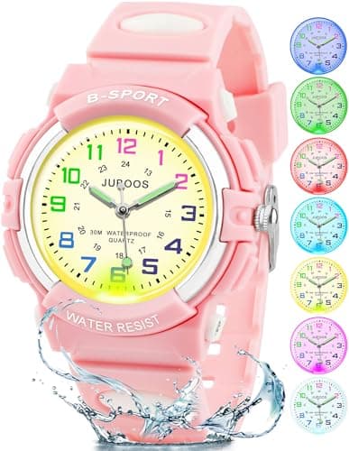 Image of Juboos Kids Watches for Boys and Girls, 7 Color Dial Waterproof Analog Quartz Watch with Soft Band, Time Teaching Watch for Kids 5-16
