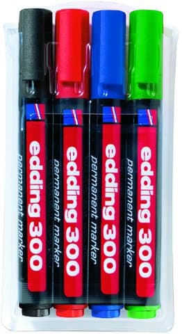 Image of edding® Permanent marker 300, refillable, bullet tip, 1.5-3 mm, barrel colour: black, ink colour: 4 assorted (4 pieces), you will receive 1 pack of 4 pieces.