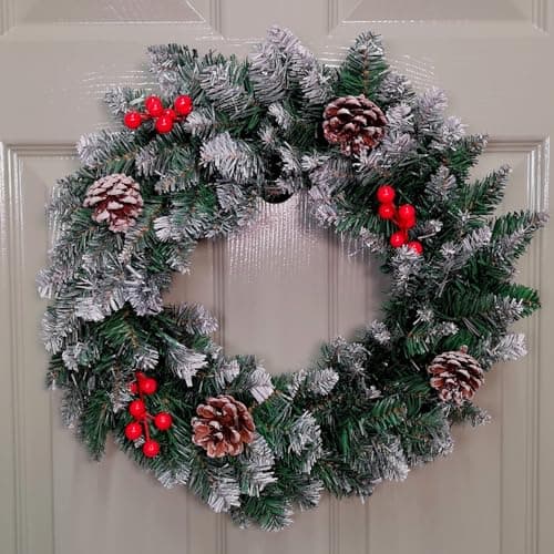 Image of Samuel ALEXANDER 45cm Snow Tipped Green Wreath Christmas Decoration with 125 Tips, Pine Cones and Berries
