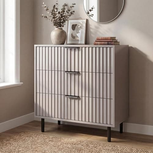 Image of Blisswood 3 Drawer Chest of Drawers, Fluted Wooden Dresser with Metal Handles, Painted Bedroom Storage Unit with Smooth Silent Glide Drawers, Large Top Surface for Bedroom Living Room Furniture_Grey