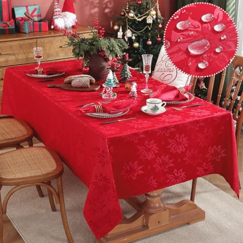 Image of SASTYBALE Christmas Tablecloths Rectangular, Jacquard Xmas Table Cloth with Poinsettia Flowers, Spill Proof Heavy Duty Table Cover for Parties Winter Holiday Decor (Rectangle, 52" x 70", Red)