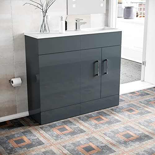 Image of Nes Home James 1000mm Freestanding Grey MDF Slimline Vanity Cabinet & White Resin Basin