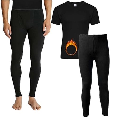 Image of Men's Thermal Underwear Set, Top Bottom Long Johns Warm Base layer Thermal Set Vests Trousers for Cold Winter Wear and Skiing Running Workout (Black Short-Sleeve Set, S)