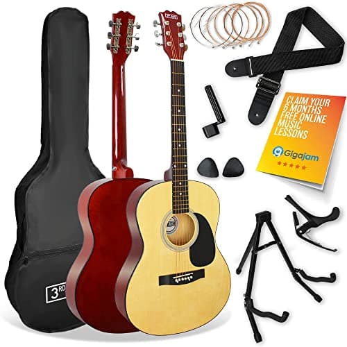Image of 3rd Avenue Full Size 4/4 Acoustic Guitar Pack for Beginners - 6 Months FREE Lessons, Gig Bag, Picks, Spare Strings, Stand, Strap, Capo - Natural