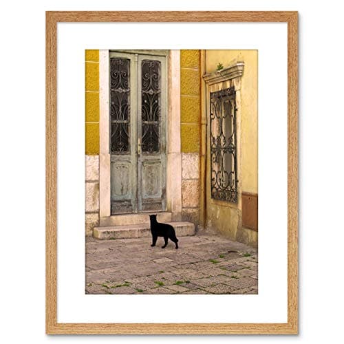 Image of Wee Blue Coo Photo Black Cat Contrast Yellow Brick Old Door Framed Wall Art Print