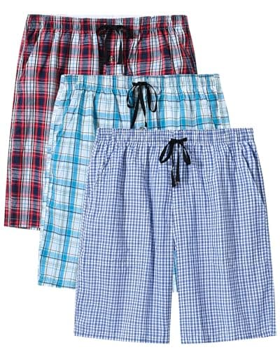 Image of MoFiz Men's Pyjamas Bottoms Shorts Lounge Wear Summer Sleepwear Shorts 100% Cotton Plaid 3-Pack Size M