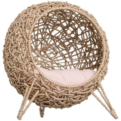 Image of PawHut Wicker Cat House, Rattan Elevated Cat Bed with Three Tripod Legs, Ball-Shaped Cat Basket with Cushion - Natural Wood Finish