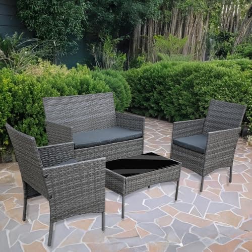 Image of 4 Seater Garden Patio Furniture Set Rattan Garden Furniture with sponge padded water resistant cushions and Tempered Glass Table good for Garden, Backyard (Mixed Grey+Dark Grey Cushions-FIRE)