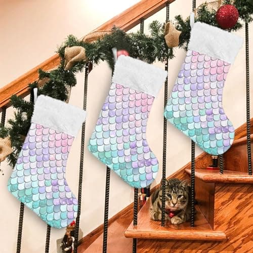 Image of Purple Green Mermaid Scale Christmas Stocking Large Xmas Stockings For Fireplace Christmas Tree Gifts Family Party Decorations 1 Pc 18 inch
