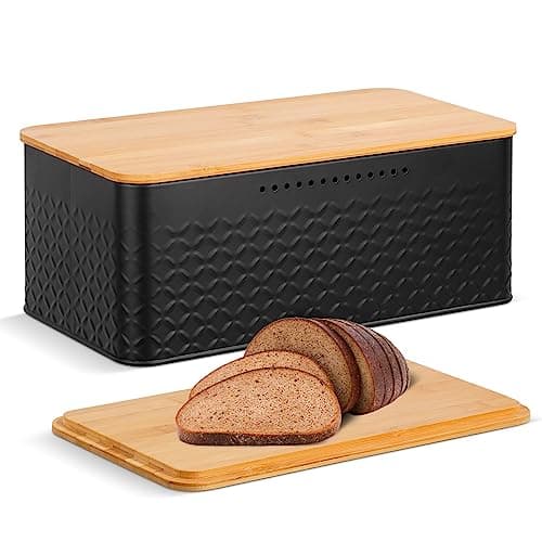 Image of Worephu Bread Bin Bread Storage Box with Bamboo Lid, Black Bread Storage Container Bin, for Kitchen Countertop Organizer (Black)