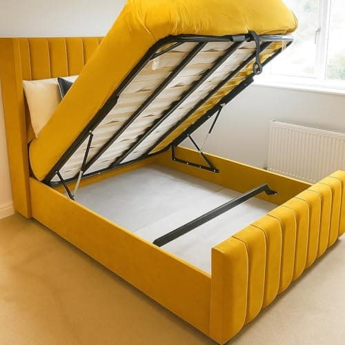 Image of Ottoman Bed Frame with Gas Lift Storage - Plush Velvet Upholstered - Single Double Kiing Super King - Hand Made in UK (Mustard Plush, Single 3ft)