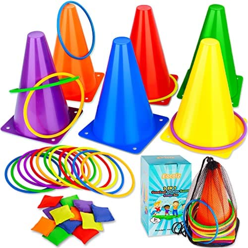 Image of Eocolz 3 in 1 Carnival Games Set, Soft Plastic Cones Bean Bags Ring Toss Games for Kids Birthday Party Outdoor Games Supplies 32 Pcs Combo Set