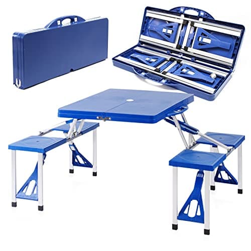 Image of WilTec Portable Outdoor Aluminium Picnic Table and Bench Set with 4 Seats for Camping, Parties and Dining