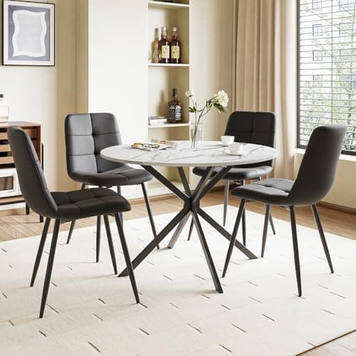 Image of Luxstein Round Dining Table and Chairs Set 4, 100cm White Marble Effect Folding Table with 4 Black Upholstered Linen Chairs for Dining Room, Kitchen