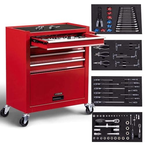 Image of Arebos Workshop trolley in red | 4 drawers incl. 81-Piece Toolset and large compartment | incl. Non-slip mats | ball bearing drawers | transport lock | 2 wheels with parking brake