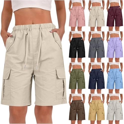 Image of RLEHJN Cargo Shorts Women UK Clearance, Ladies Bermuda Shorts Baggy Short Cargo Pants with Multiple Pockets Summer Drawstring Elasticated Waist Half Pants for Outdoor Hiking Work Travel Golf Beige