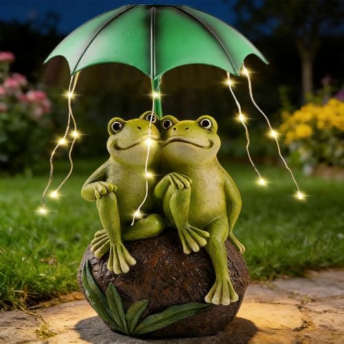 Image of Mbuaopa Solar LED Frog Garden Ornaments Outdoor, Home Decor Garden Frogs Figurine, Solar Frogs Garden Ornament with Umbrella String Lights for Fairy Garden Patio Balcony Yard Lawn, Green