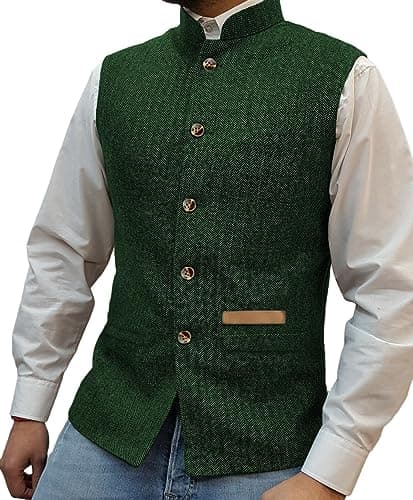 Image of Yiaisafa Mens Mock Neck Vests Tweed Waistcoats Stand-up Herringbone Retro Groomsman Lined Vintage Wool Wedding Hunting (Green,XL)